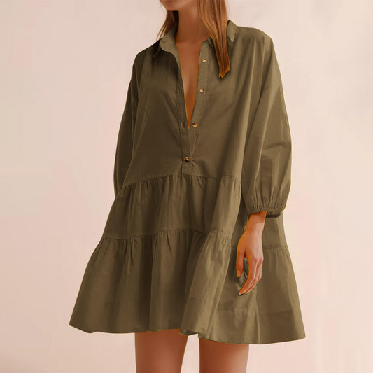 Pleated Dress Solid Color V Neck Bubble Long Sleeve Shirts Mini Dress Wholesale Womens Clothing N3824081400057