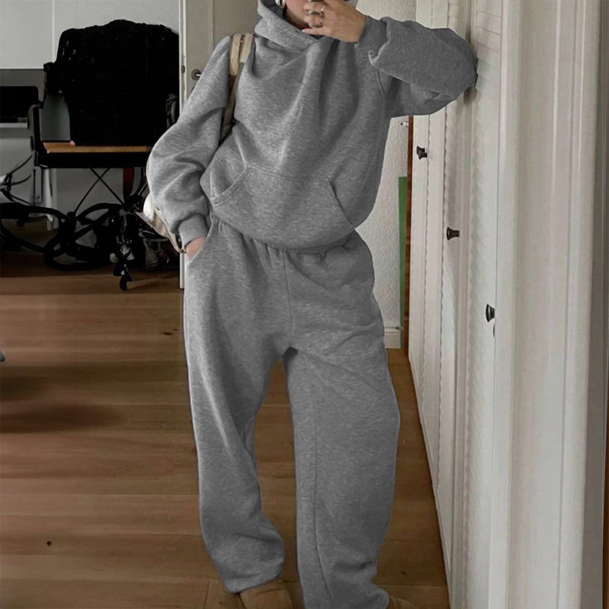 Solid Color Plush Hooded Sweatshirt And Sweatpants Two-Piece Set Wholesale Womens Clothing N3824112000043