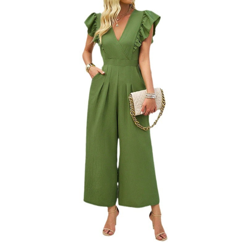 Solid Color V-Neck Ruffled Sleeve Jumpsuits Wholesale Womens Clothing N3824062100008