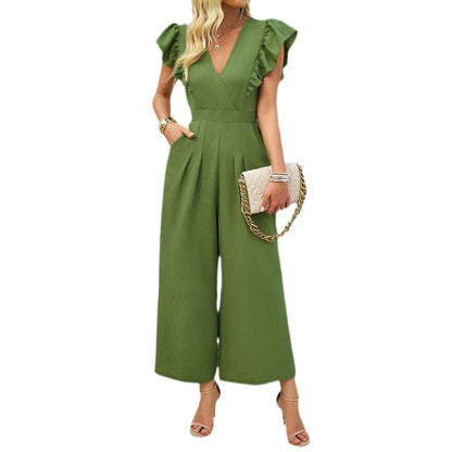 Solid Color V-Neck Ruffled Sleeve Jumpsuits Wholesale Womens Clothing N3824062100008