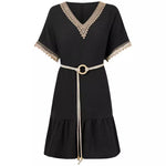 V-Neck Lace Belt Waisted Casual Dress Wholesale Womens Clothing N3824041600054