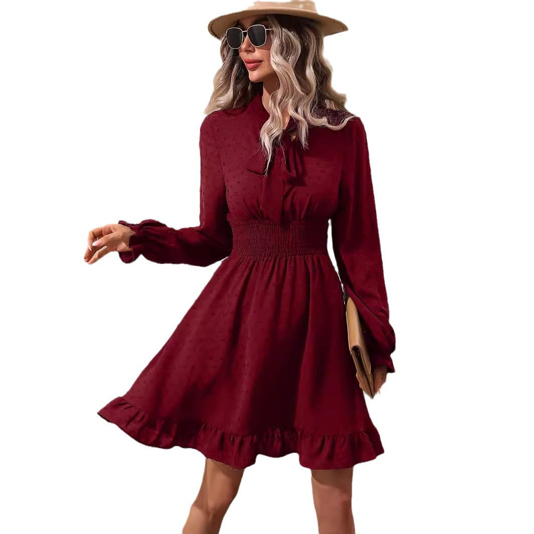 Waisted Solid Color Bow Tie Long Sleeve Dresses Wholesale Womens Clothing N3824052000051