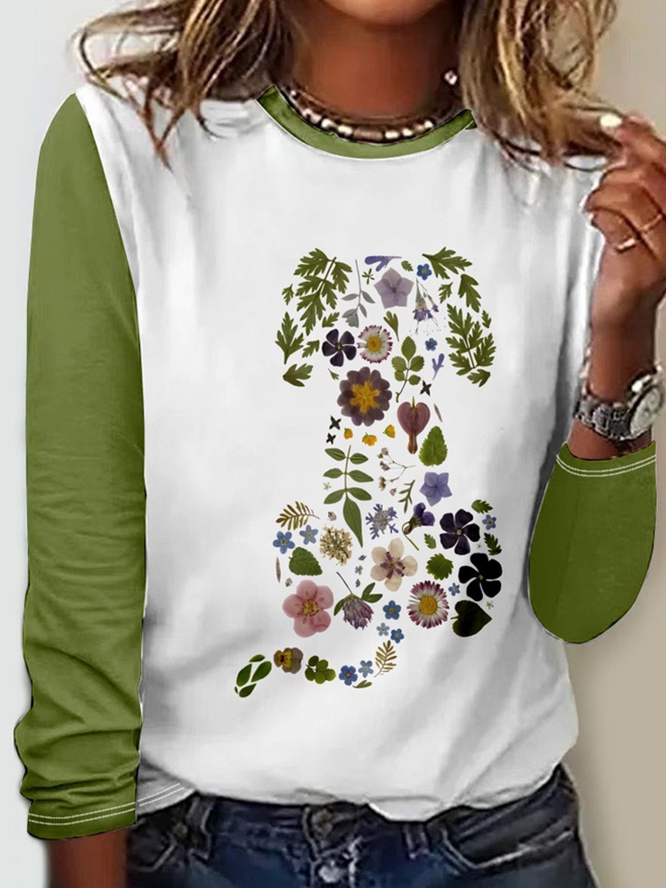 Floral Print Crew Neck Long Sleeve T-Shirt Wholesale Womens Clothing N3824022600057