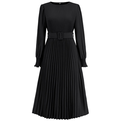 Round Neck Bubble Long Sleeve Pleated A-Line Slim Dress Wholesale Womens Clothing N3824062100042