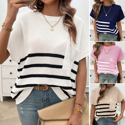 Crew Neck Striped Contrast Short Sleeve Sweater Wholesale Womens Clothing N3824062400021