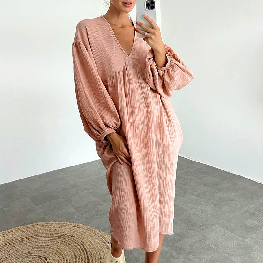 Puff Sleeve V-Neck Crepe Cotton Loose Casual Dresses Wholesale Womens Clothing N3824071000003