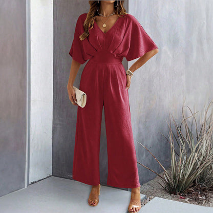 Short-Sleeved Solid Color Casual Wide-Leg Jumpsuit Wholesale Womens Clothing N3824062100011