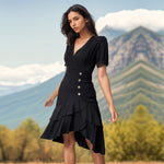 Black Irregular Ruffle Hem Slim Fit Dresses Wholesale Womens Clothing N3824022600067