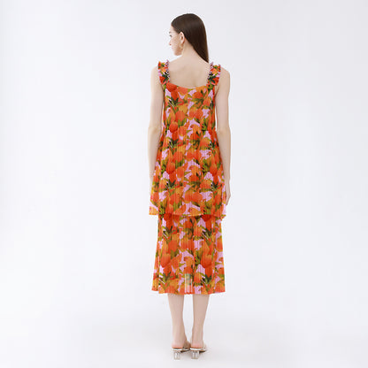 Fashion Flower Print Multi Layered Pleated Camisole Dress Wholesale Dresses