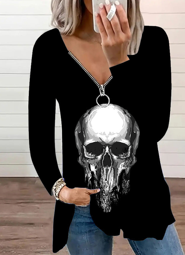 Wholesale Plus Size Clothing Stylish V-Neck Zipper Skull Print Long Sleeve Top