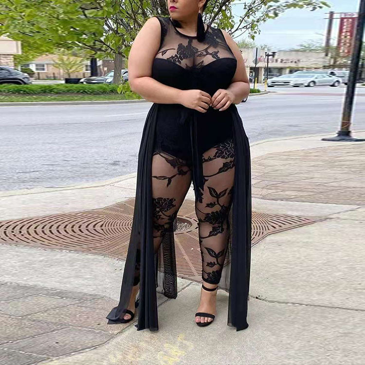 Sexy Flocked Jumpsuit Black Lace Women's Chiffon Suit Wholesale Plus Size Womens Clothing N3823091200038