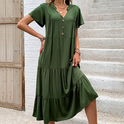 V-Neck Green Midi Dresses Shorts Sleeve Summer Wholesale Womens Clothing N3824062800039