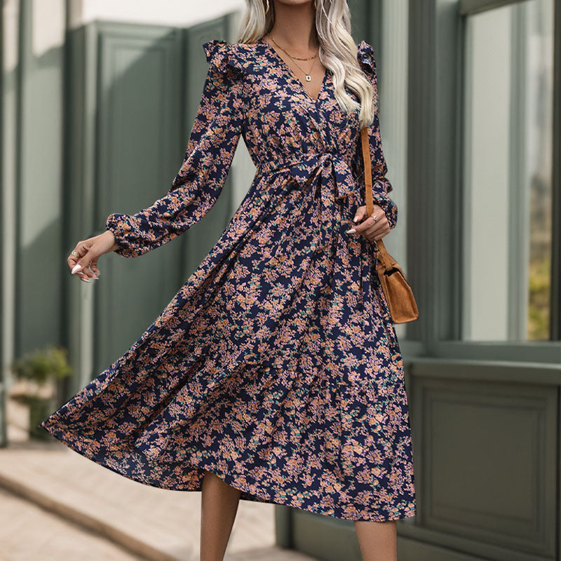 Ruffle Long Sleeve Printed V-Neck Midi Dress Wholesale Womens Clothing N3824080900015