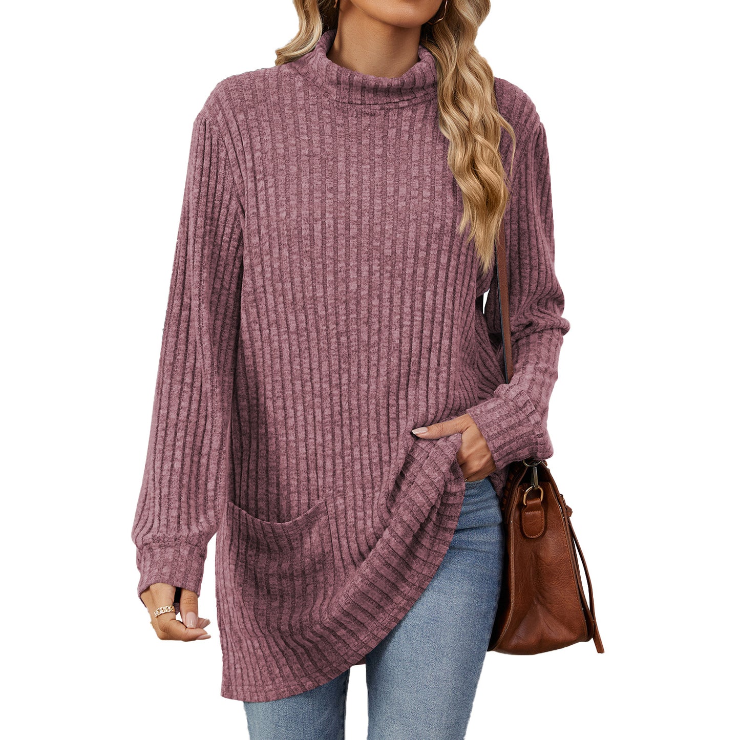 Solid Color Half High Neck Long Sleeve Loose Pocket Sweater Wholesale Womens Clothing N3824072900061