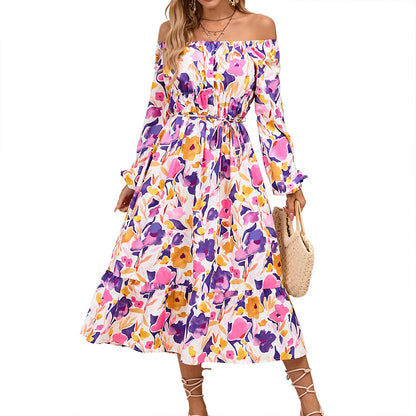 Long Sleeve Printed Fitted Midi Dresses Wholesale Womens Clothing N3824070500014