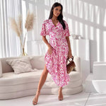 Printed V-Neck Waisted Short Sleeve Maxi Dresses Wholesale Womens Clothing N3824052000053