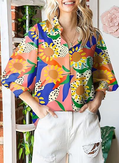 Long-Sleeved Printed Blouses With Lapel And Lantern Sleeves Wholesale Womens Tops N3824091200175