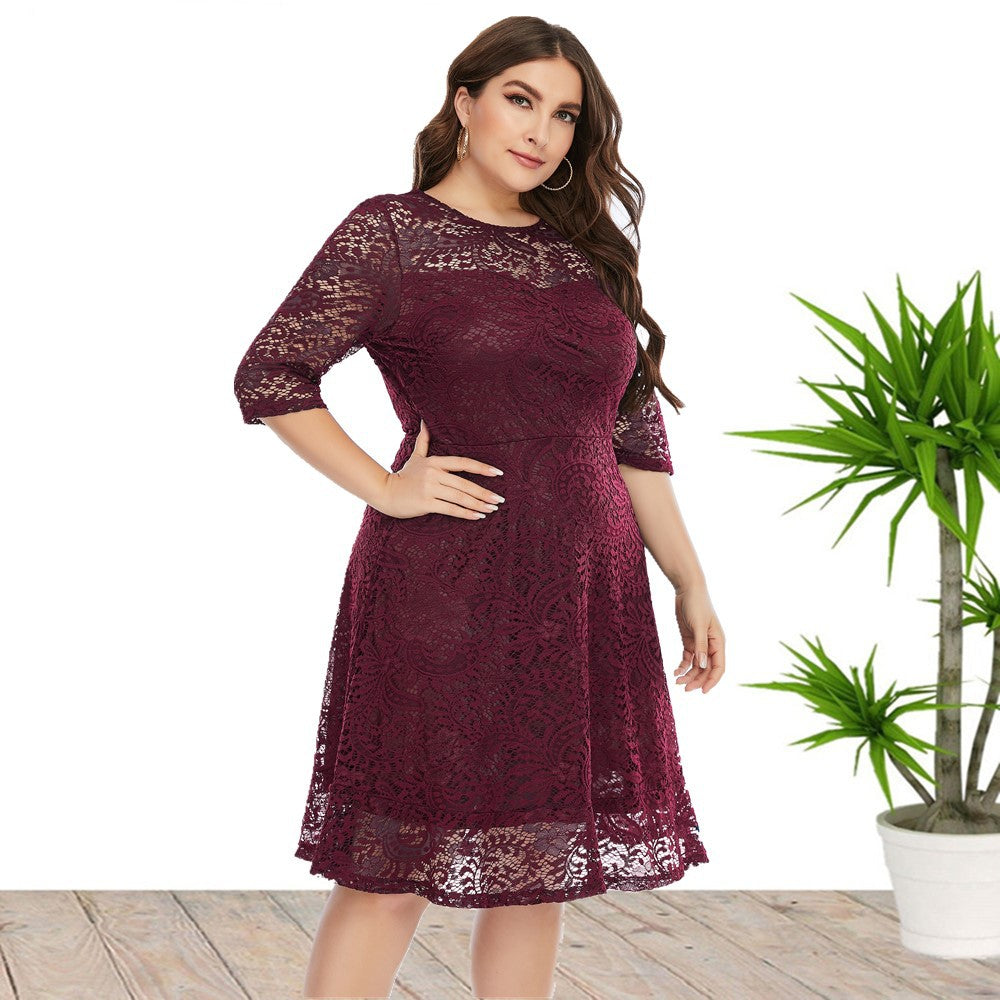 Plus Size Round Neck Lace Midi Gown Dresses Wholesale Womens Clothing N3824080300049