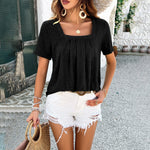 Casual Solid Color Square Neck Short Sleeve T-Shirts Wholesale Womens Clothing N3824040100121