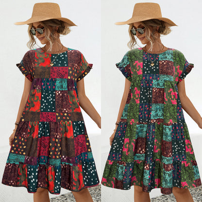 Printed Loose Gathered Dress Wholesale Womens Clothing N3824041600060