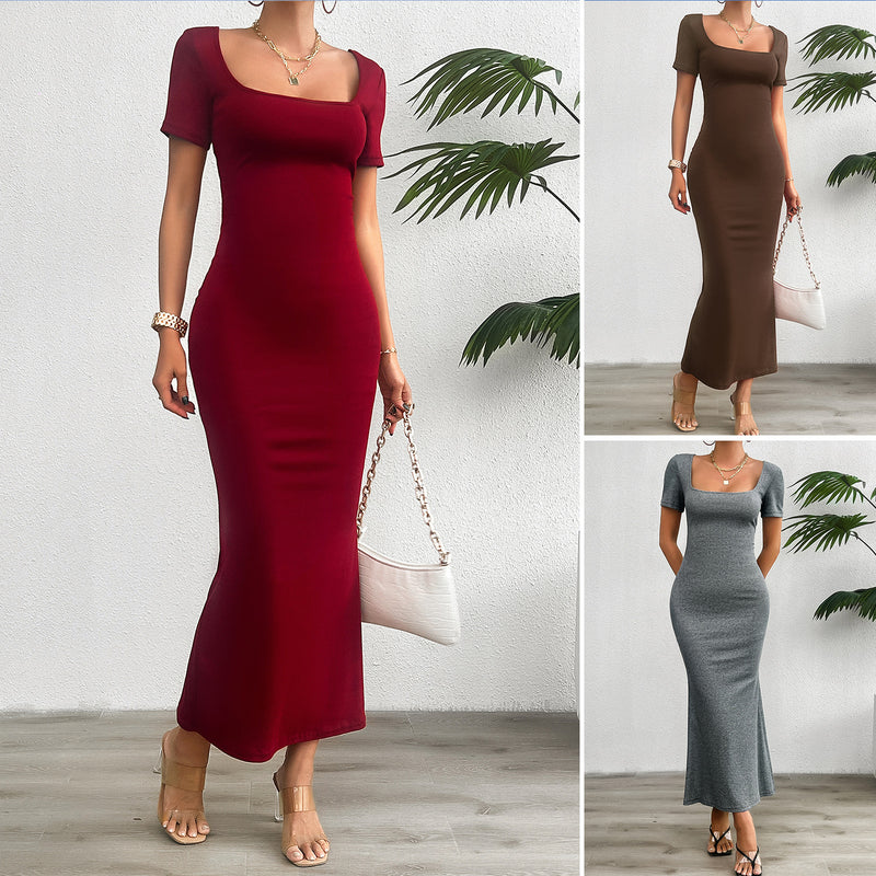 Solid Color Slim Fit Short Sleeve Bodycon Dresses Wholesale Womens Clothing N3824042900031
