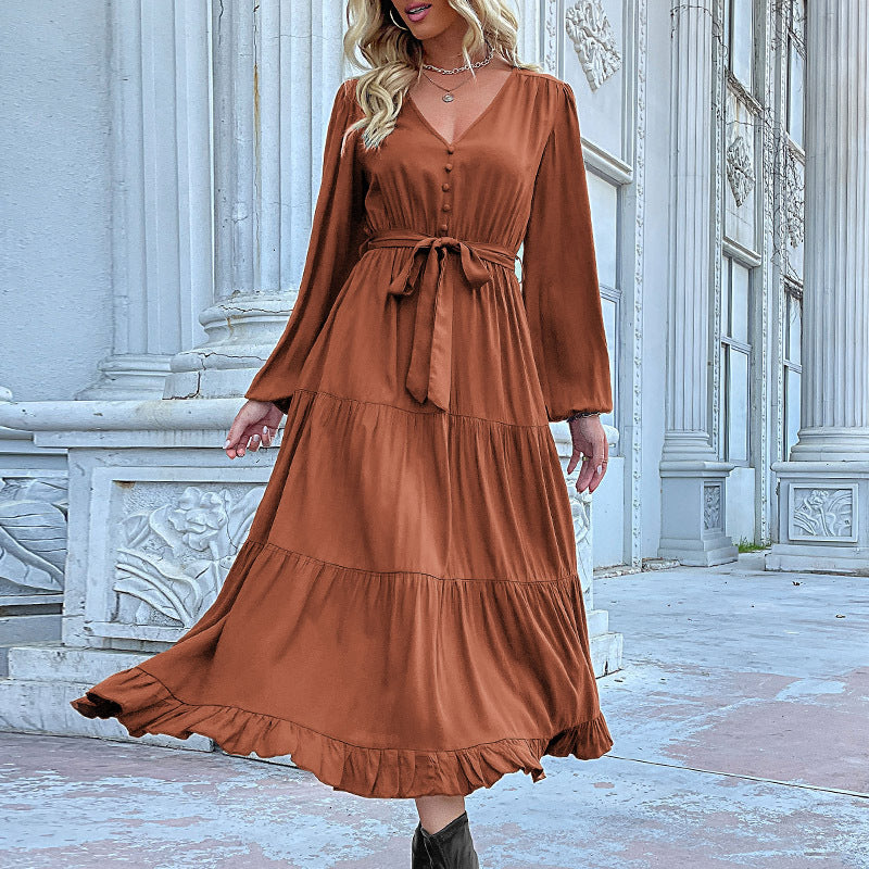 Long Sleeve Solid Color Maxi Dresses With Belt Wholesale Womens Clothing N3824091200040