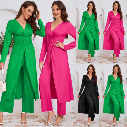 Two Piece Suit Women's V-Neck Jacket Straight Wide Leg Pants Wholesale Womens Clothing N3824082300040