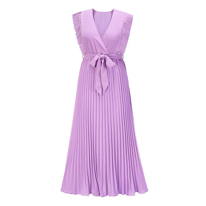 Beach Maxi Dress Fashion Slim Sexy Lotus Sleeve Chiffon Pleated Solid Color Dress Wholesale Womens Clothing N3824110900054