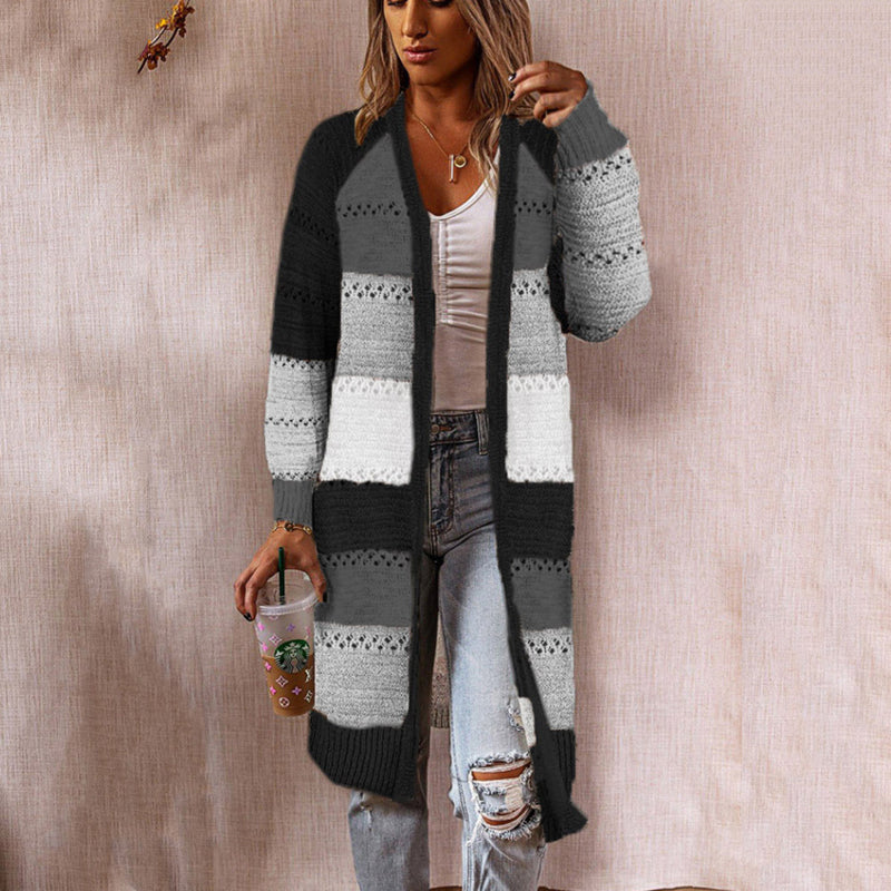 Casual Color Clashing Plaid Patchwork Loose Knit Cardigan Jacket Wholesale Womens Clothing