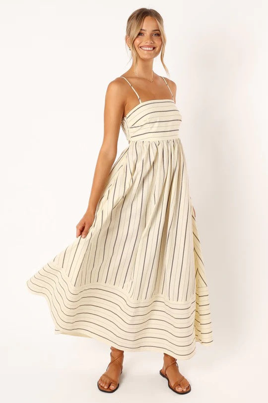 Striped Off-Shoulder Backless Hem Maxi Dresses Wholesale Womens Clothing N3824082900027