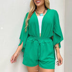 Casual Slit Three Quarter Sleeve Cardigan Drawstring Shorts Suit Wholesale Womens Clothing