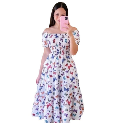 Printed Off-Shoulder Smocked Midi Dresses Wholesale Womens Clothing N3824080500007