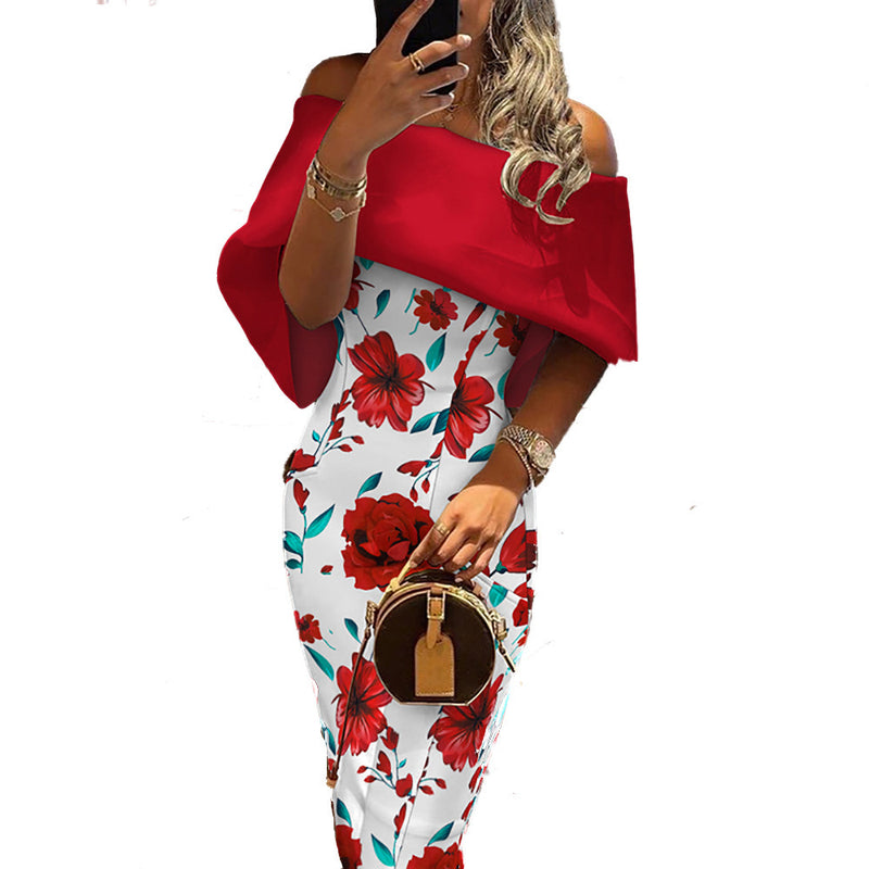 Fashion Slant Shoulder Floral Print & Solid Color Hip Dress Wholesale Dresses