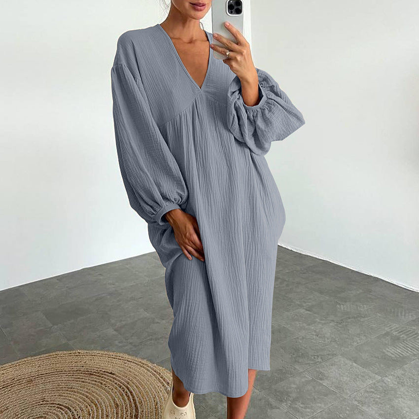 Puff Sleeve V-Neck Crepe Cotton Loose Casual Dresses Wholesale Womens Clothing N3824071000003