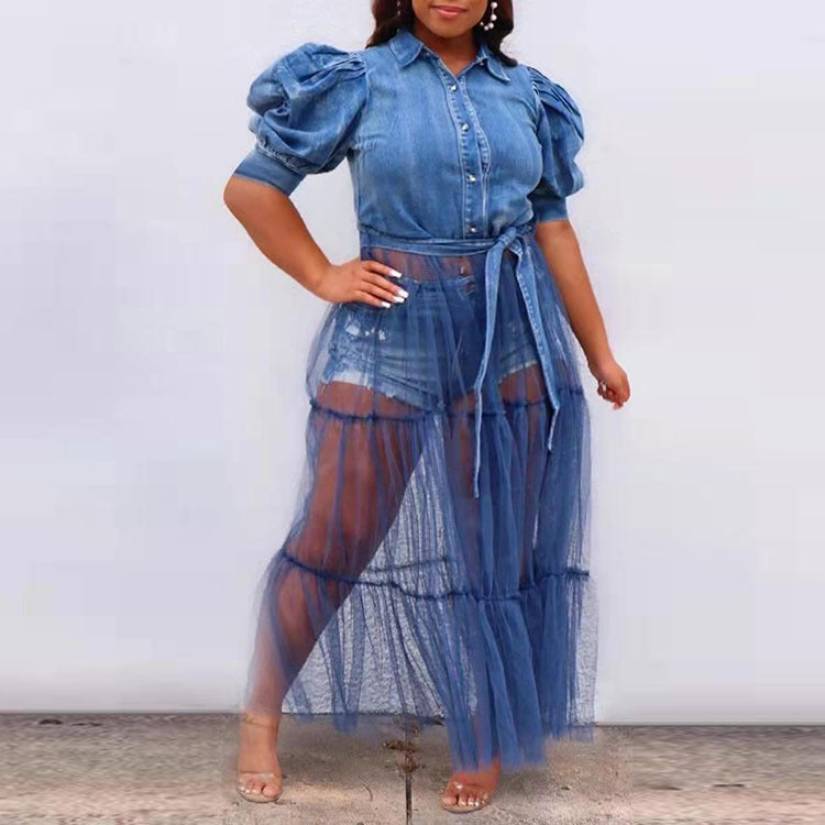 Elegant Blue Denim Patchwork Mesh Dress Wholesale Plus Size Womens Clothing N3823091200037