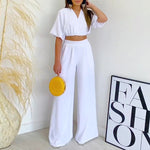 Summer Fashion V-Neck Short-Sleeved Top High-Waisted Wide-Leg Pants Wholesale Womens 2 Piece Sets N3823100900073