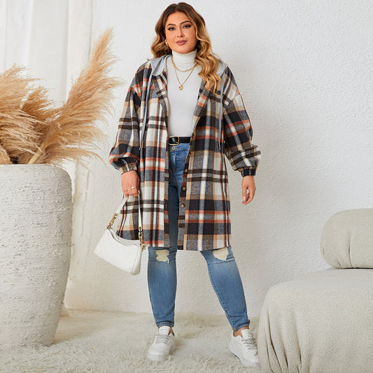 Plus Size Plaid Hooded Mid-Length Jackets Wholesale Womens Clothing N3824091200160