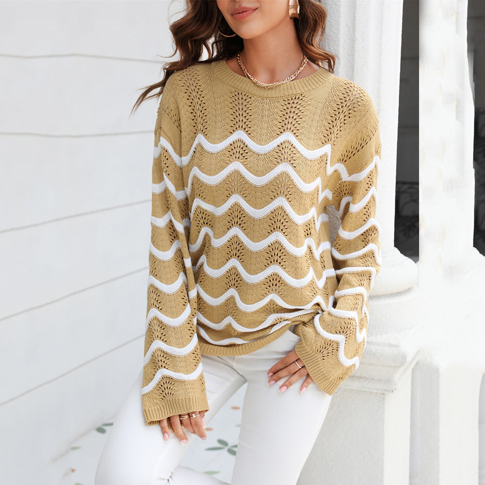 Wave Contrast Knit Long Sleeve Hollow Pullover Sweater Wholesale Women'S Top