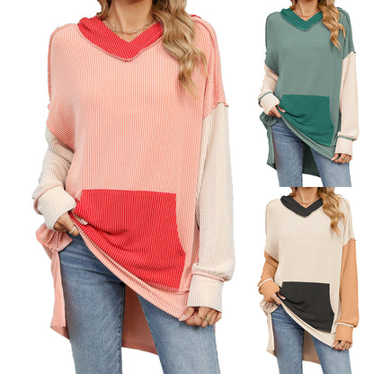 Contrast Pocket Long Sleeve Loose Hooded Sweatshirts Wholesale Womens Clothing N3824091200021