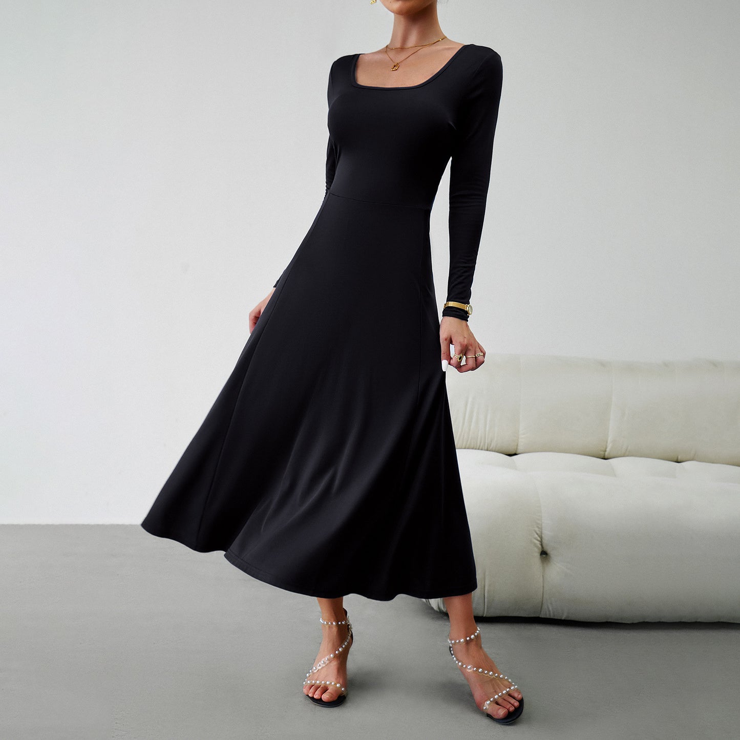 Elegant Solid Color U Neck Waisted Long Sleeve Dress Wholesale Dresses