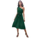 Solid Color One-Shoulder Belted Pleated Dresses Wholesale Womens Clothing N3824022600072