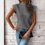 Half Turtleneck Textured Wave Button Short-Sleeved Tops Wholesale Womens Clothing N3824040700329