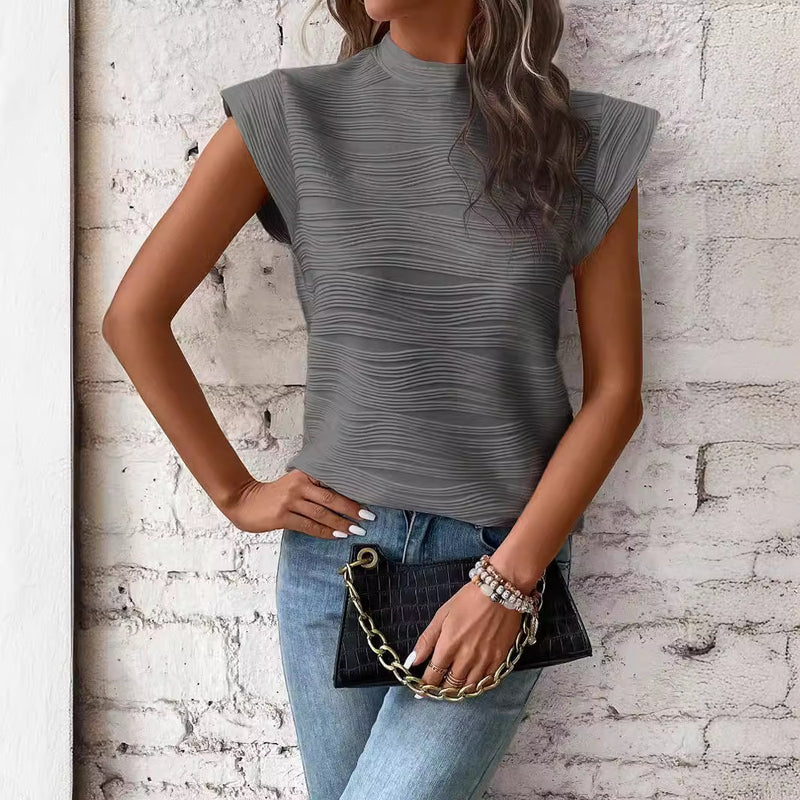 Half Turtleneck Textured Wave Button Short-Sleeved Tops Wholesale Womens Clothing N3824040700329