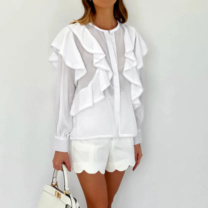 All-Match Solid Color Button-Down Round Neck Ruffled Long-Sleeved Shirt Wholesale Women'S Top