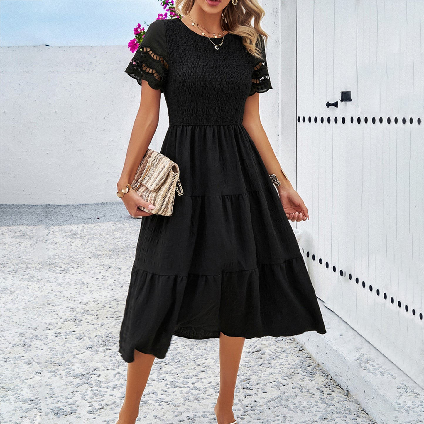 Women's Solid Color Smocked Hollow Sleeve Dresses Wholesale Womens Clothing N3823122900133