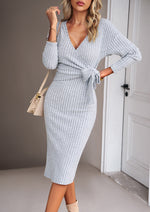 Low-Cut V-Neck Long-Sleeved Knitted Strappy Slim Dress Wholesale Dresses