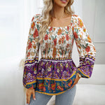 Square Neck Bubble Sleeve Floral Printed Top Wholesale Womens Tops