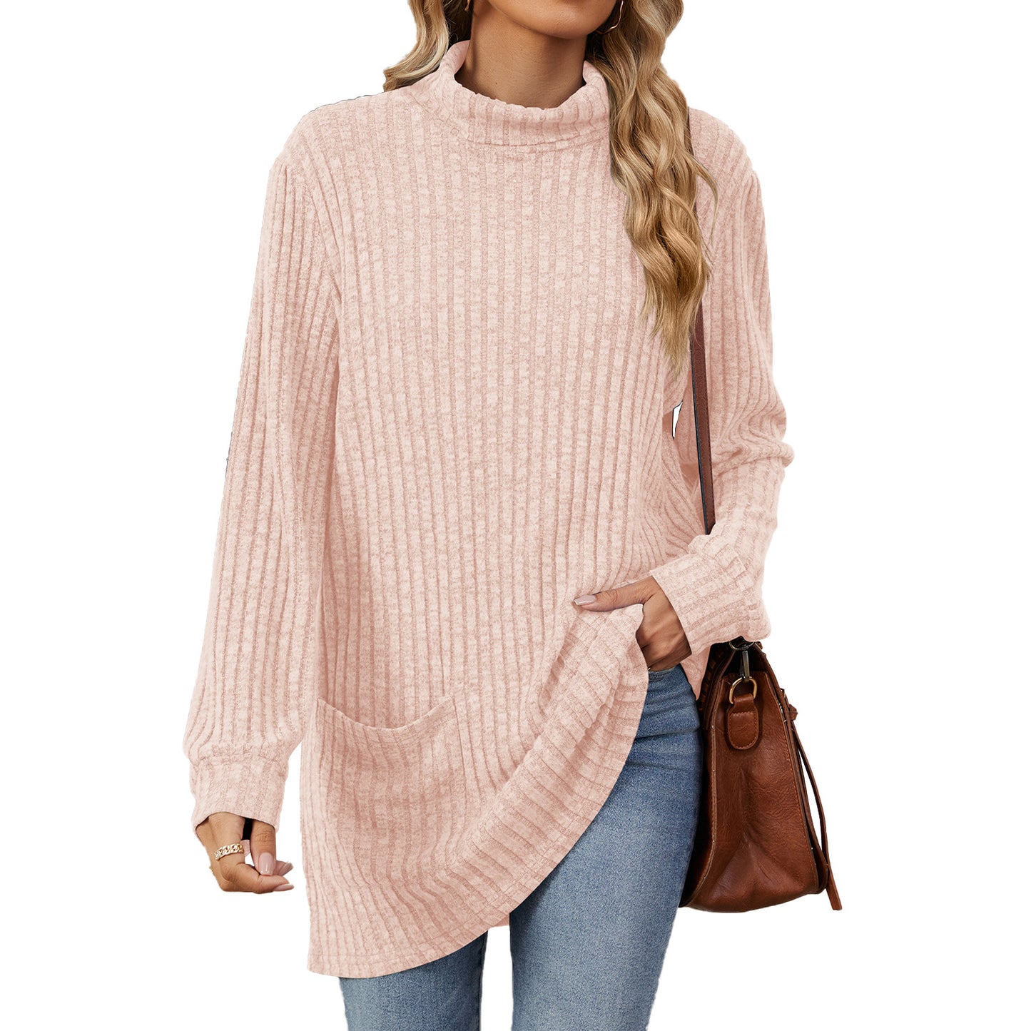 Solid Color Half High Neck Long Sleeve Loose Pocket Sweater Wholesale Womens Clothing N3824072900061