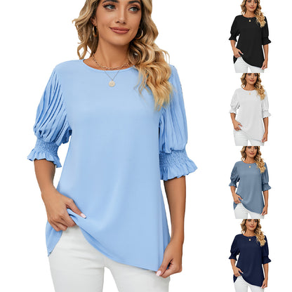 Solid Color Round Neck Ruffle Princess Sleeve Loose Chiffon Tops Wholesale Womens Clothing N3824082900036