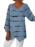 Wholesale Plus Size Clothing Casual Striped Double V-Neck Long Sleeve T-Shirt